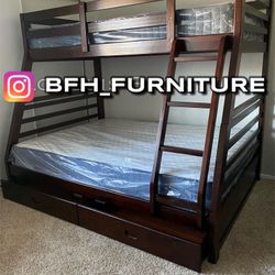 Twin/Full Expresso Bunk bed w. Drawers & Ortho Mattresses Included 