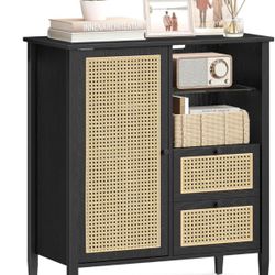 Boho Buffet Cabinet, Synthetic Rattan Sideboard with Drawers, Storage Cabinet with Adjustable Shelves, Ink Black UBBK242B01—2/1 