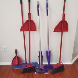 2 Swiffer Mop, 1 Red O Cedar Mop, 2 Red Brooms, 1 Red Handheld Broom With Dustpan (Read Description)
