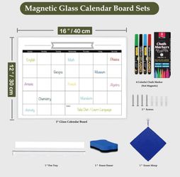 DumanAsen Glass Calendar Whiteboard, 16"x12" Monthly Calendar whiteboard for Wall, Small Frameless Dry Erase Whiteboard for Home, Including Chalk Mark