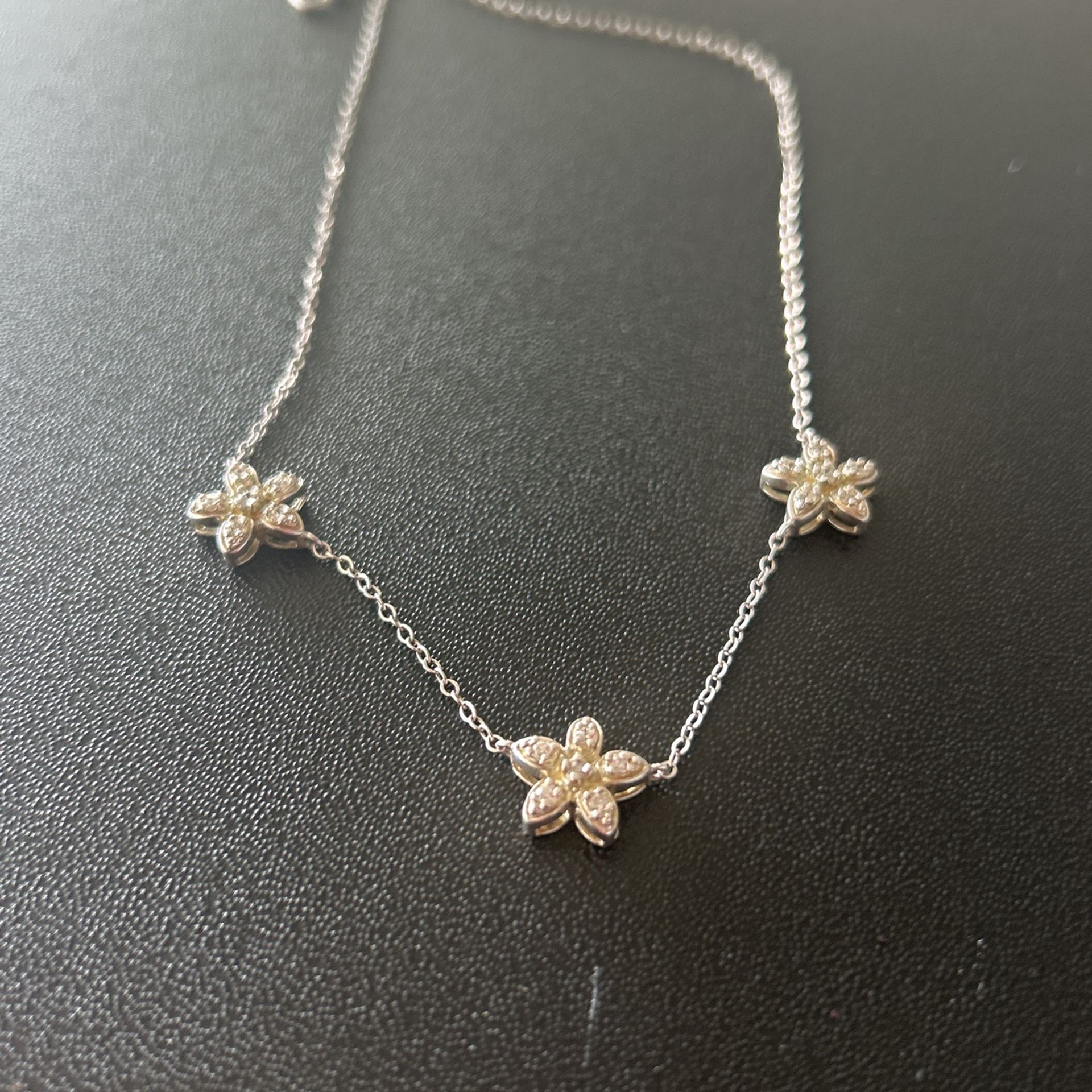 Sterling Silver Tri-flower Diamond Necklace