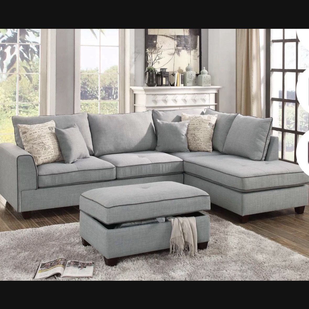 3Pc Sectional With Ottoman Set 106”X75”