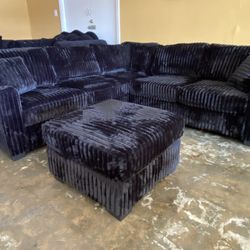 Corduroy Black Sectional With Ottoman