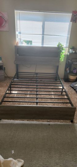 Metal Platform Bed Frame with Wood Headboard and Charging Station