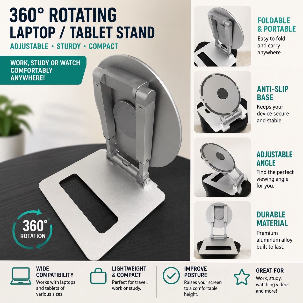 New 360° Rotating Adjustable Aluminum Laptop & Tablet Stand