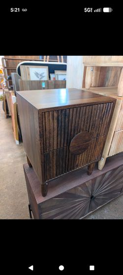 Fluted two drawer mango wood accent table in dark natural