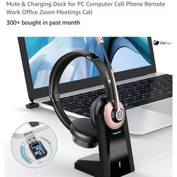 Wireless Headset, Bluetooth Headset with Microphone Noise Canceling & USB Dongle, Wireless Headphones with Mic Mute & Charging Dock for PC Computer Ce