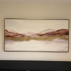 Large Abstract Mountain Landscape Canvas Wall Art – 60”x30” Framed | Earthy Tones, Gold Accent