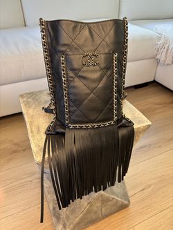 Chanel Quilted Black Leather Fringe Shoulder Bag with Chain Trim