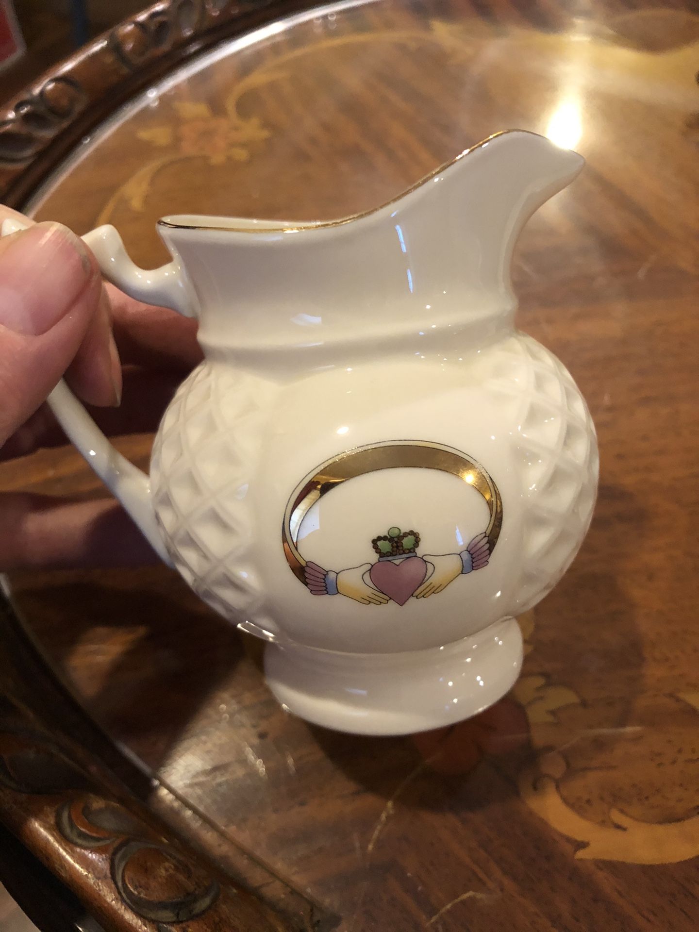 Donegal Parian China Claddagh Creamer Pitcher, Sugar Bowl, and Side Plate