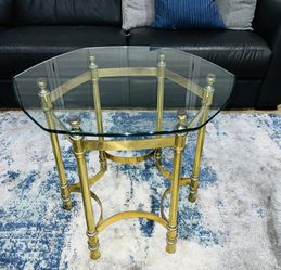 Vintage Hollywood Regency Brass & Glass 6 Sided Side End Occasional Table 