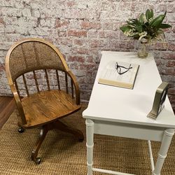 Vintage Oak Cane Back Swivel Chair