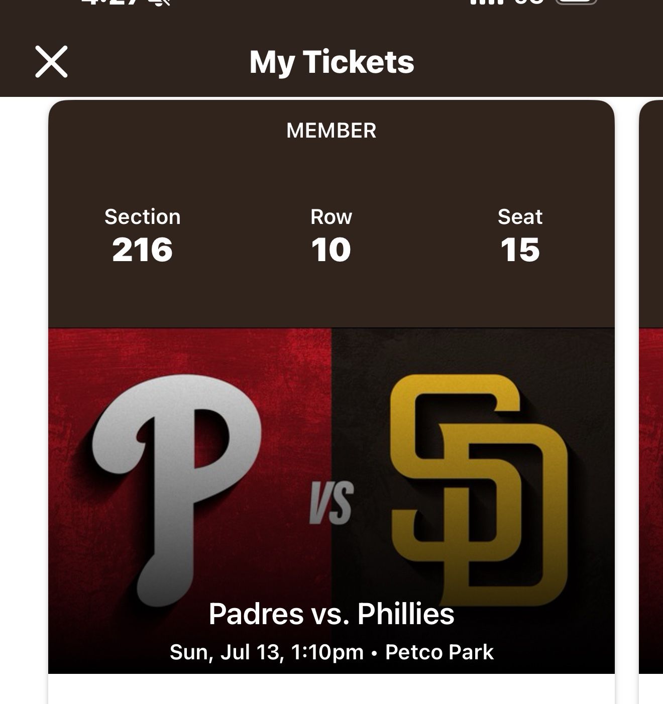 Padres V Phillies Sunday July 13th 2 Seats