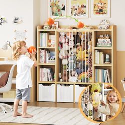 3-in-1 Toy & Stuffed Animal Storage, 4 Movable Toy Chest, Natural Toy Storage Organizer with 6 Open Cubbies, Kids Bookshelf for Kids Room, Playroom Be