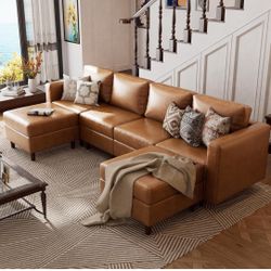 NEW 4-Seater Modular Faux Leather 4-Seater Modular Faux Leather Sectional + TWO Ottomans (Camel Tan) – Originally $970