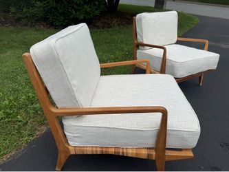 Pair of Oversized Wood / upholstered lounge Chairs indoor / outdoor
