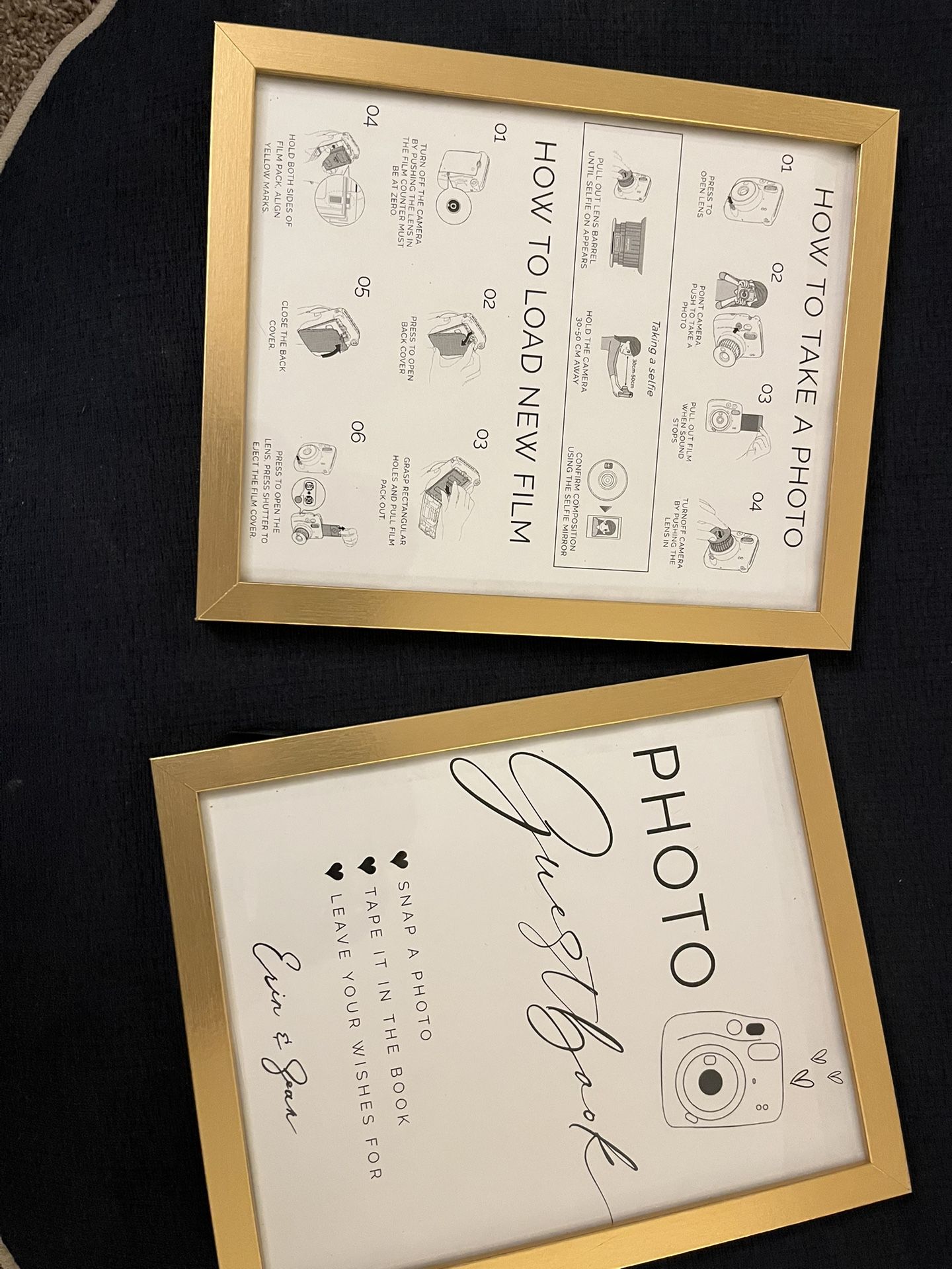 2 gold picture frames with photo guestbook instructions
