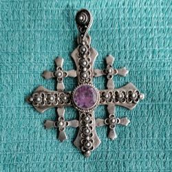 Vintage Silver Jerusalem Amethyst Coptic Cross Pendant