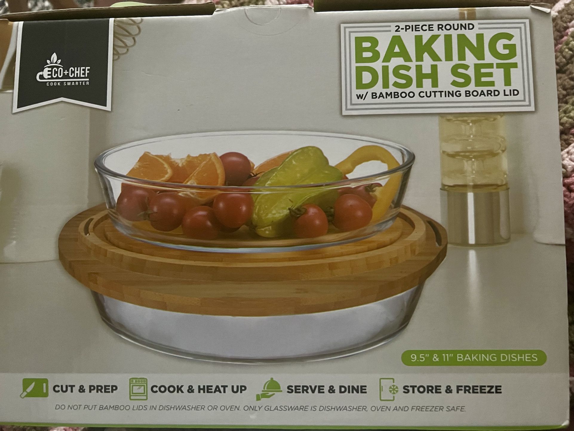 NEW IN BOX New Eco+Chef 2 Piece Oval Baking Dish Set With 2 Bamboo Cutting Boards (4 Pcs)