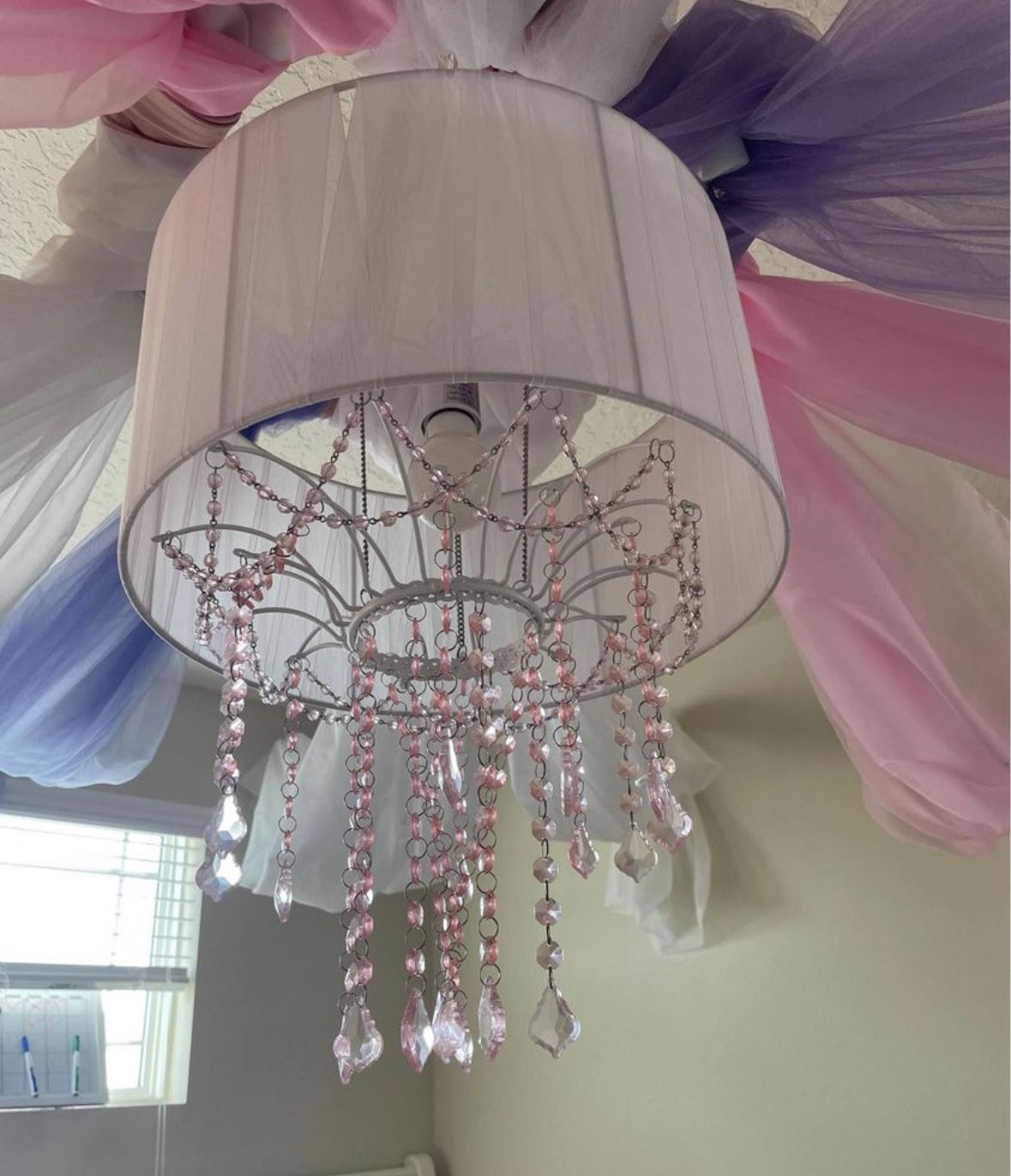 Pink And White girls around chandelier,  light fixture  bedroom, hanging crystals