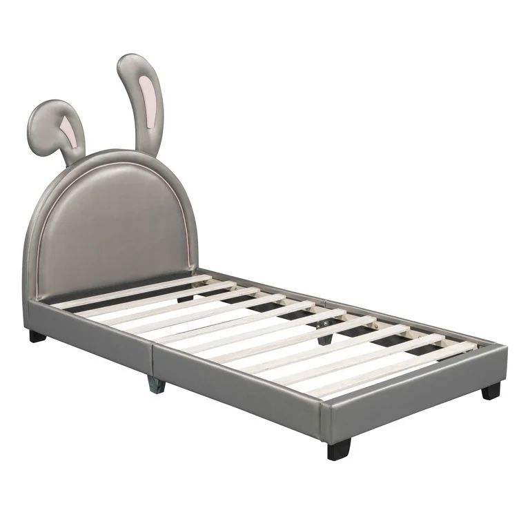 New in box Twin Size Upholstered Leather Platform Bed with Rabbit Ornament, Gray (retail $300)