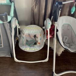 All Baby Stuff stroller, small swing, tall swing, sitting chair, vaccinate