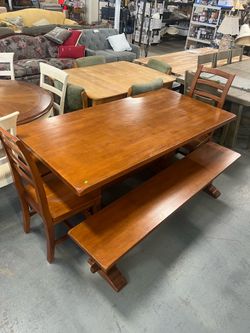 Wood rectangular dining table with benches and chairs (in store)