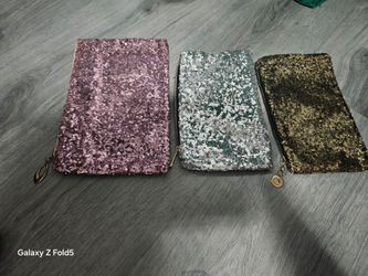 Set of 3 metallic sequin zippered cosmetic pouch clutches $10