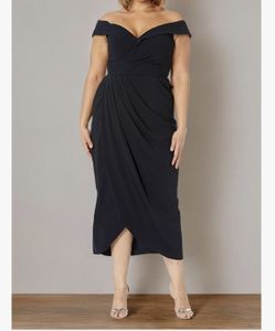 NWT City Chic Navy Evening Dress size 14 off the shoulder, faux wrap, tulip hem
