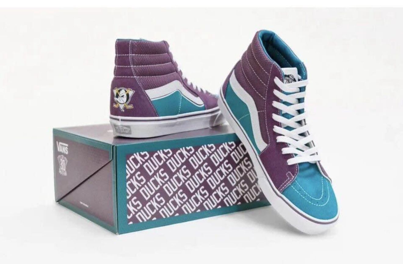 NHL Hockey Anaheim Ducks X Vans Sk8 Hi High Top Sneakers Shoes Size 6.5 Men/8 Women Brand New Teal And Purple Wild wing Logo Vintage