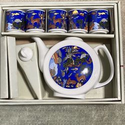 Vintage Jeong Ceramic Sake Gift Set 7 Pc Tea Set Phycedelic Animal Asian Decor