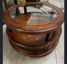 Mesa de Centro Redonda de Madera con Cubierta de Vidrio – Excelente Estado