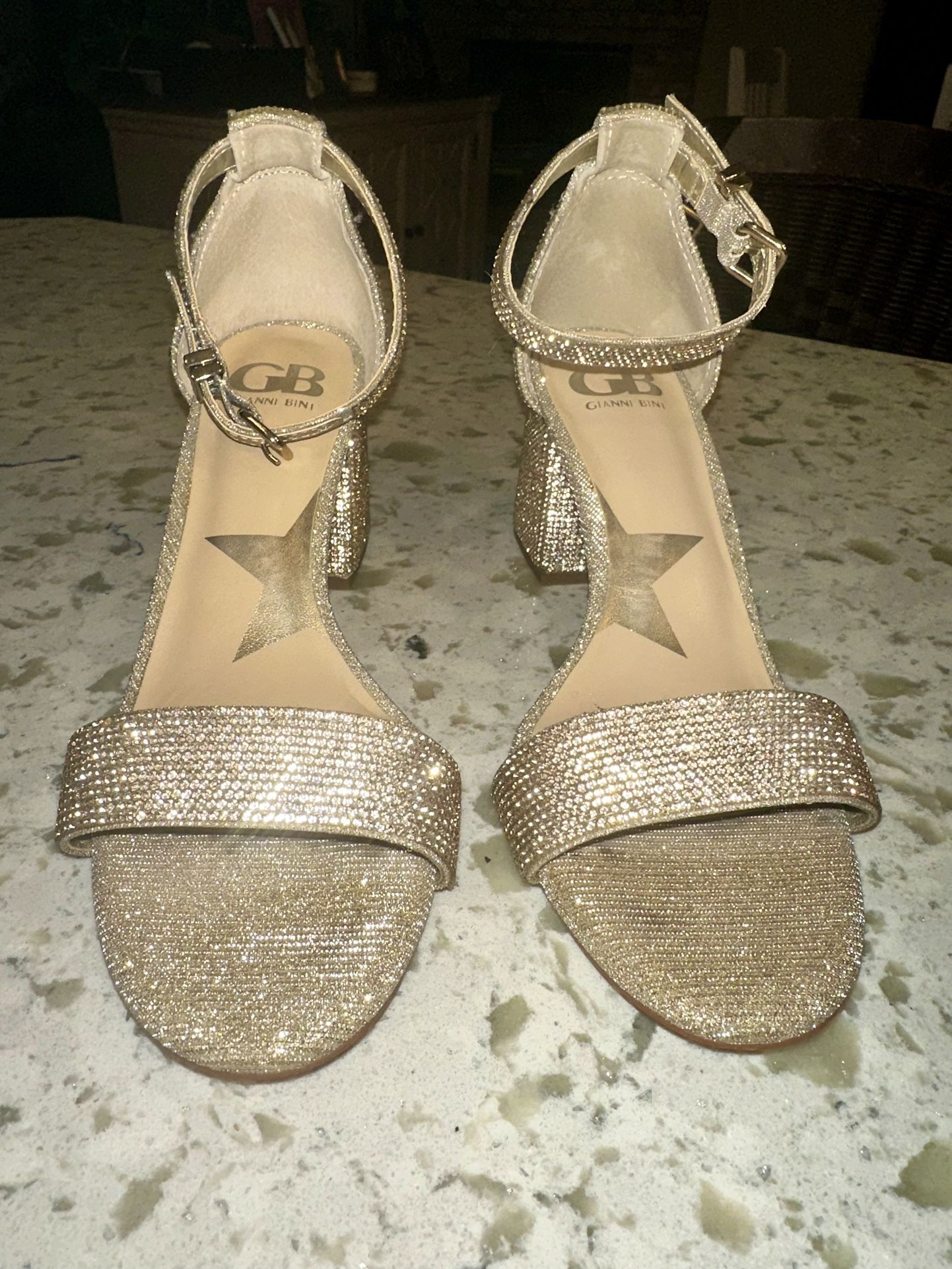 Gianna Bini Gold Rhinestone Ankle Strap Dress Shoes