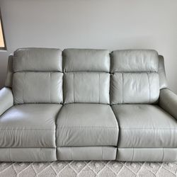 Light Gray Leather Power Reclining Sofa with Center Console