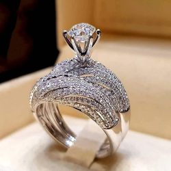 2 Pcs Double Layer 14K White Gold Plated Cubic Zirconia Women's Engagement Ring Size 10