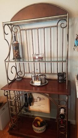 Beautiful, very heavy metal glass and wood baker's rack, wine rack