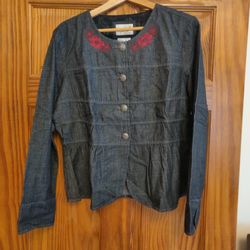 Live a Little Denim Jacket with Red Floral Accents 