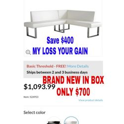 NEW- REDUCED TO $450! MUST GO! MY LOSS YOUR GAIN! Armen Living Amanda Sectional in WHITE Faux Leather and Chrome Finish