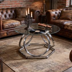 O&K FURNITURE Glass Coffee Table, Modern Silver Coffee Table Living Room Table with Hexagonal Base, Round Coffee Table for Home&Office, Chrome Finish,