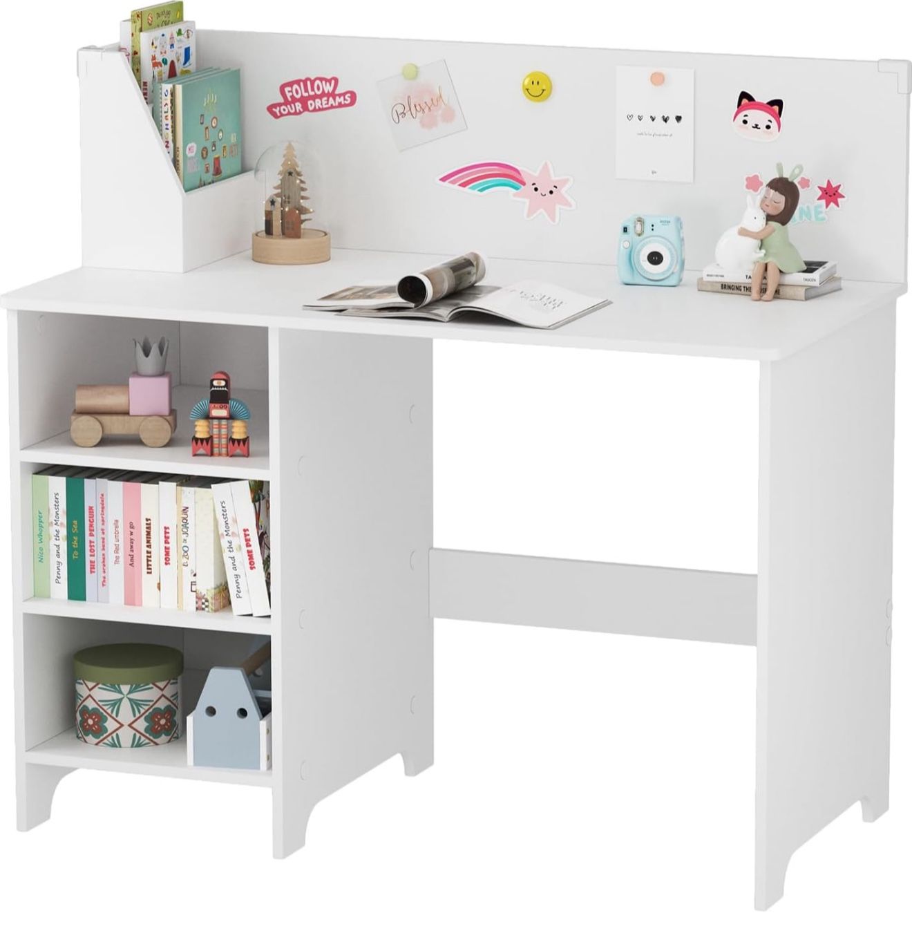 Brand New Kids Desk, Engineering Wooden Kids Study Desk with Hutch, School Study Table with Book Storage, Student Writing Table for 3-8 Years Girls Bo