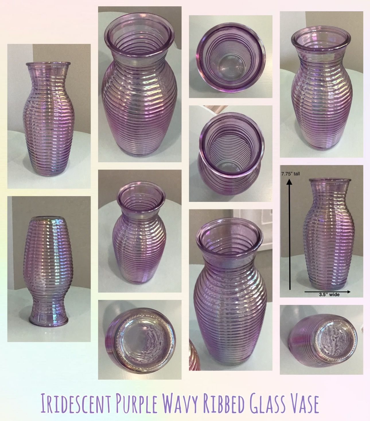 Iridescent Purple Wavy Ribbed Glass Vase
