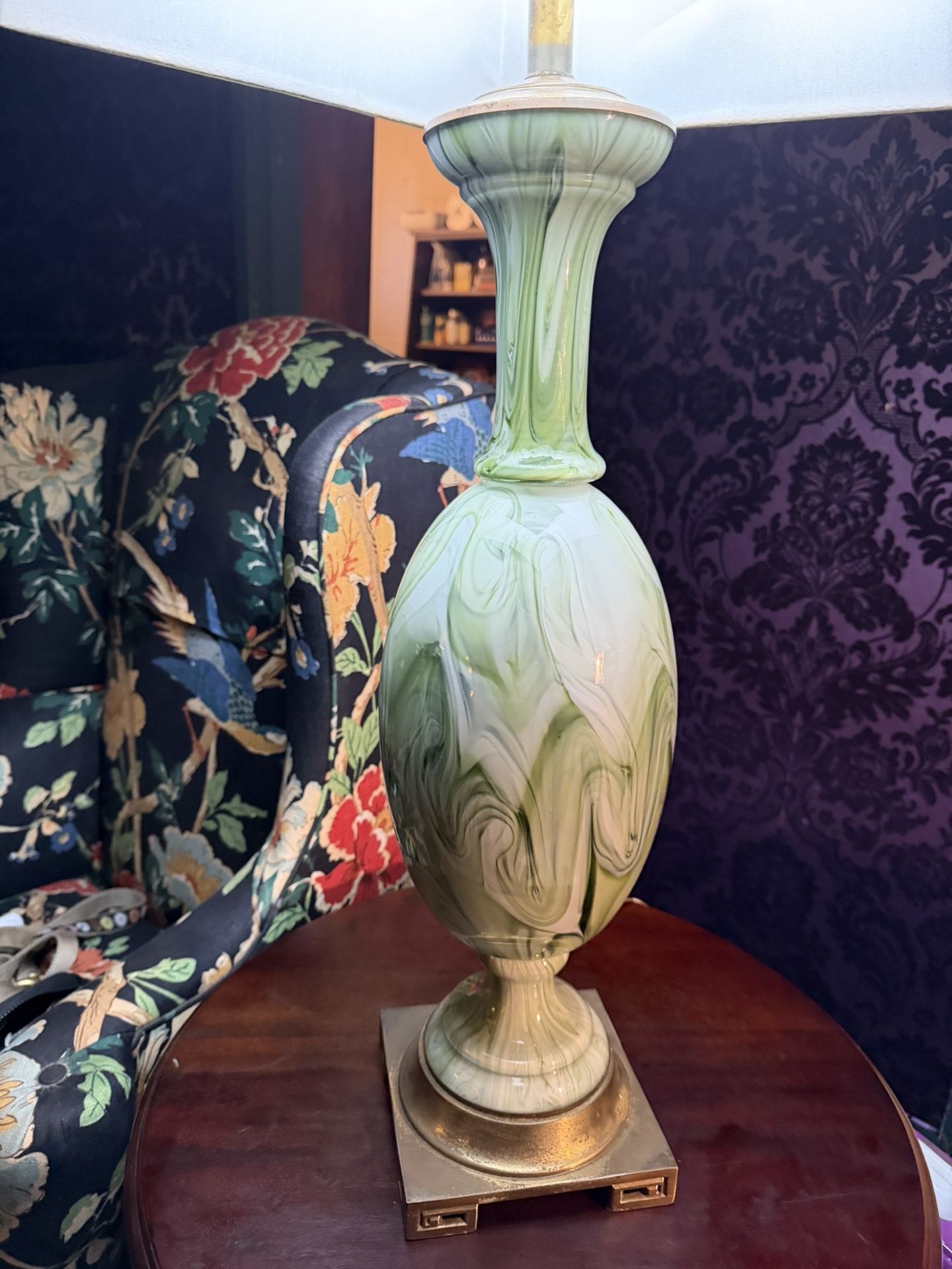 Mid Century Amazing Blown Glass Brass Base Beautiful Tall Table Lamp Silk Line Shade