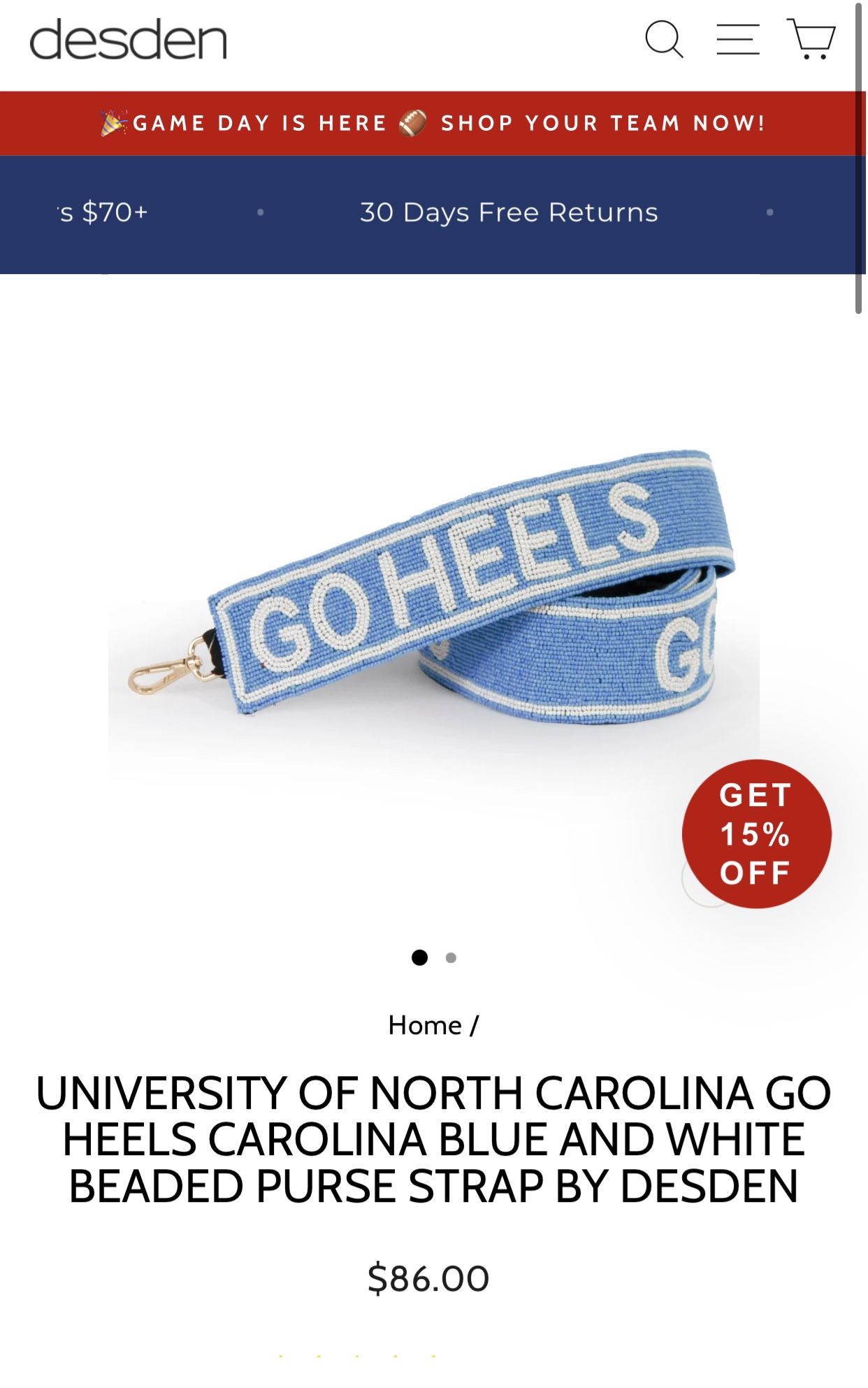 UNIVERSITY OF NORTH CAROLINA GO HEELS CAROLINA BLUE AND WHITE BEADED PURSE STRAP BY DESDEN