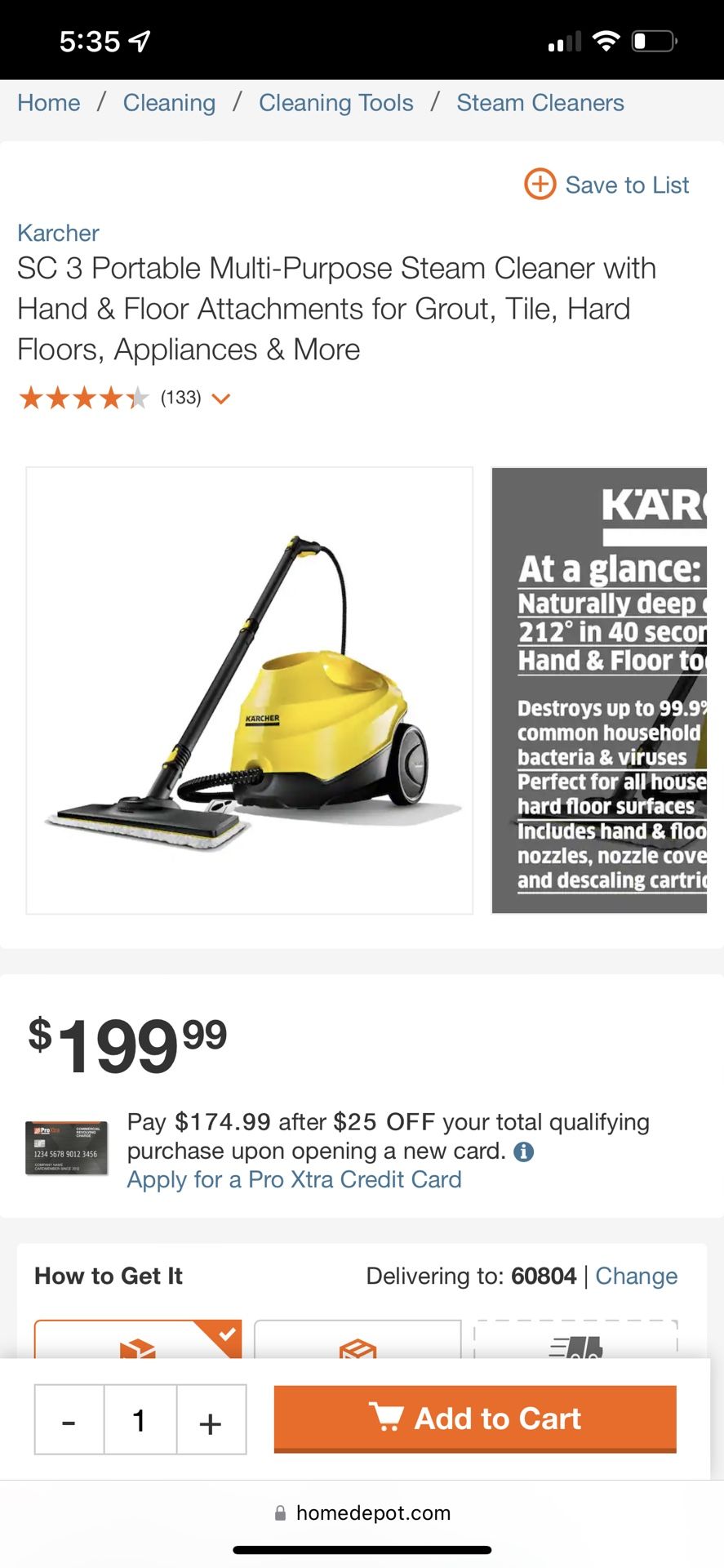 Karcher SC 3 Portable Multi-Purpose Steam Cleaner with Hand & Floor Attachments for Grout, Tile, Hard Floors, Appliances & More