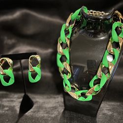 Hot Neon Green/Gold Chain Necklace & Earrings