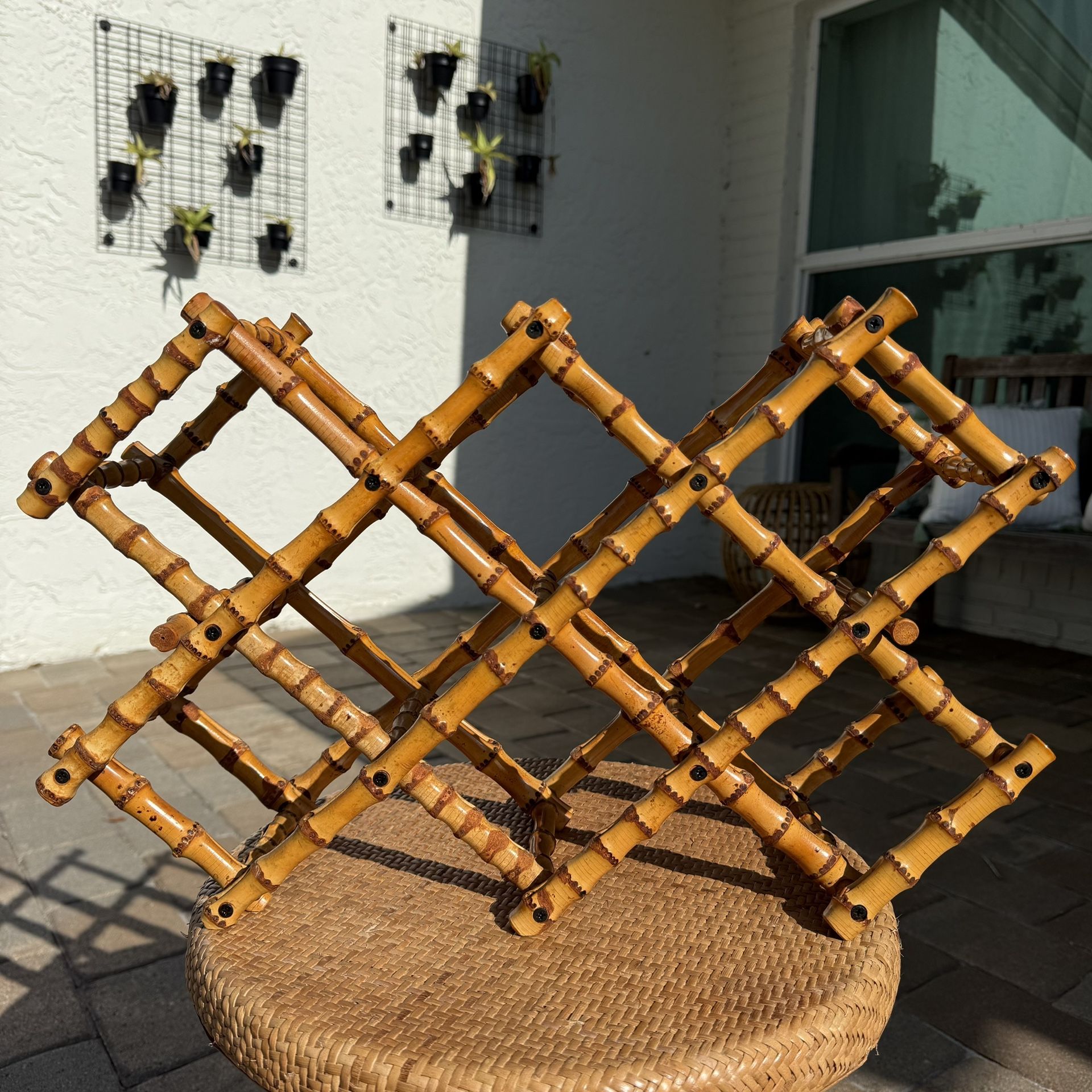Vintage Lacquered Tortoise Bamboo Folding Wine Rack