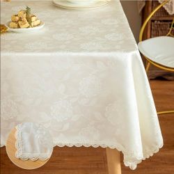 GLORY SEASON Rose Jacquard Textured Tablecloth Waterproof Spillproof Lace Trim Rectangle Table Cloth,Oblong Table Cover for Kitchen Dinning Tabletop D