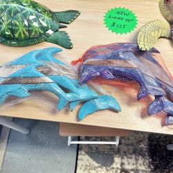 New Handcrafted Carved Set Of 3 Dolphins 