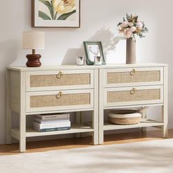 White Night Stand Set of 2, Large Nightstand with Drawers and Storage Shelf - Rattan Boho Bedside Table Narrow Side Table for Bedroom 