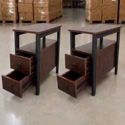 New In Box Set Of 2 Slim Nightstand Cabinet With Drawers Living Bed Room Side Table Chestnut Color 